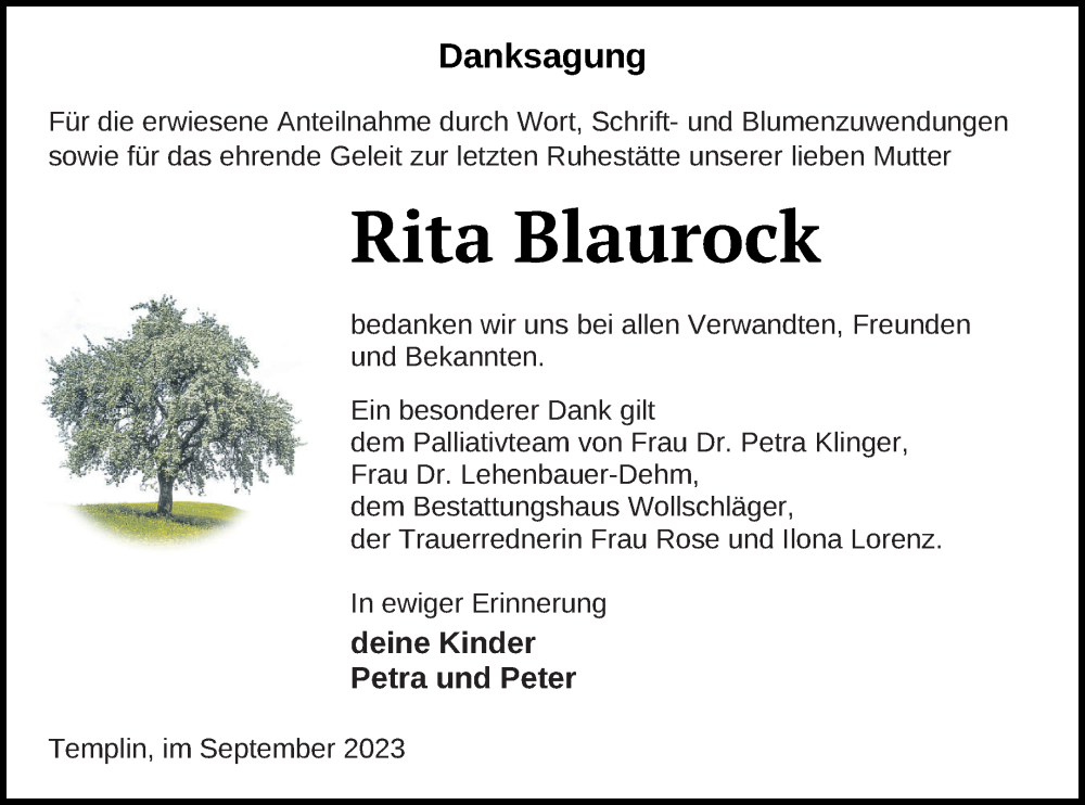  Traueranzeige für Rita Blaurock vom 30.09.2023 aus Templiner Zeitung