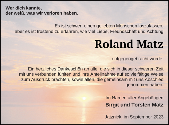 Traueranzeige von Roland Matz von Haff-Zeitung