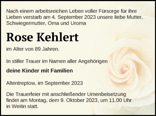 Traueranzeige von Rose Kehlert von Neubrandenburger Zeitung