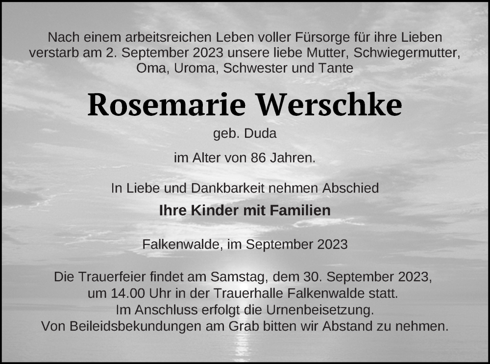  Traueranzeige für Rosemarie Werschke vom 15.09.2023 aus Prenzlauer Zeitung