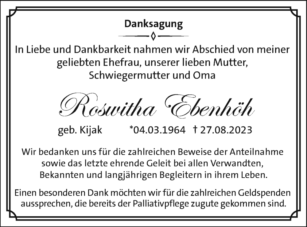  Traueranzeige für Roswitha Ebenhöh vom 30.09.2023 aus Neubrandenburger Zeitung