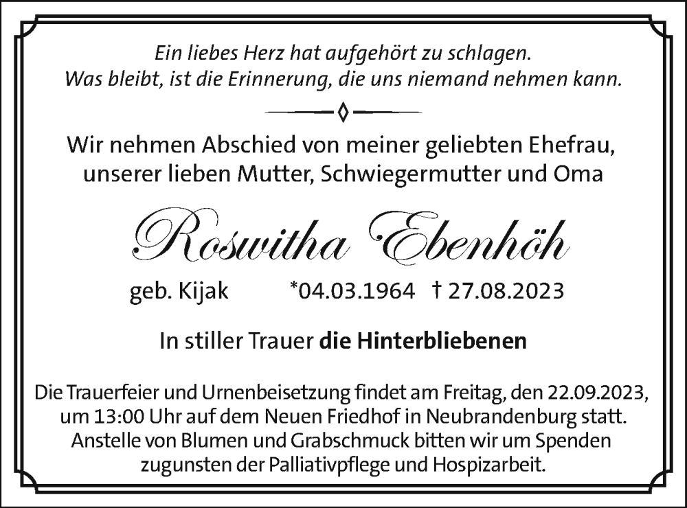  Traueranzeige für Roswitha Ebenhöh vom 02.09.2023 aus Neubrandenburger Zeitung