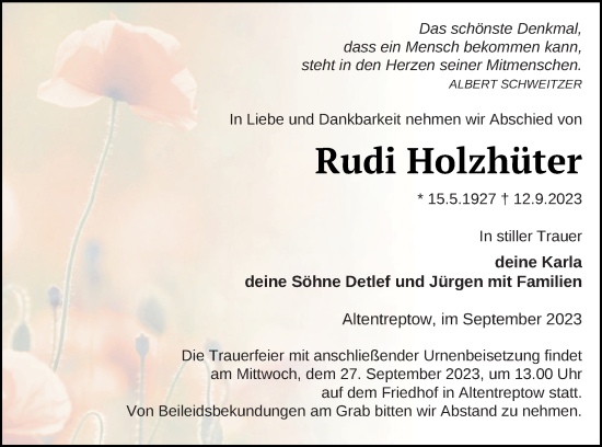 Traueranzeige von Rudi Holzhüter von Neubrandenburger Zeitung