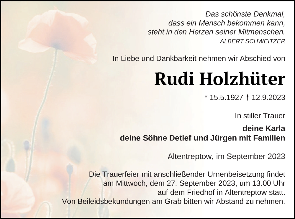  Traueranzeige für Rudi Holzhüter vom 15.09.2023 aus Neubrandenburger Zeitung