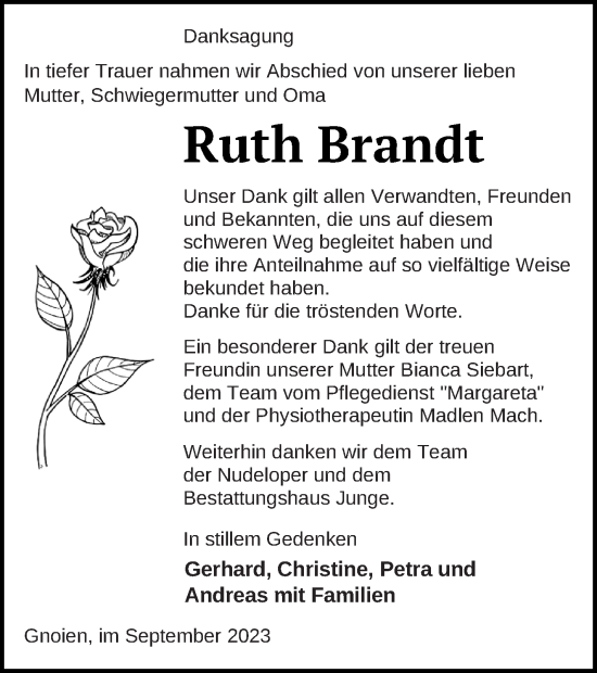 Traueranzeige von Ruth Brandt von Mecklenburger Schweiz