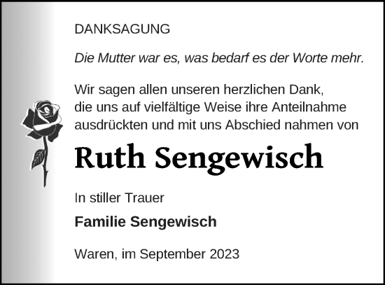 Traueranzeige von Ruth Sengewisch von Müritz-Zeitung