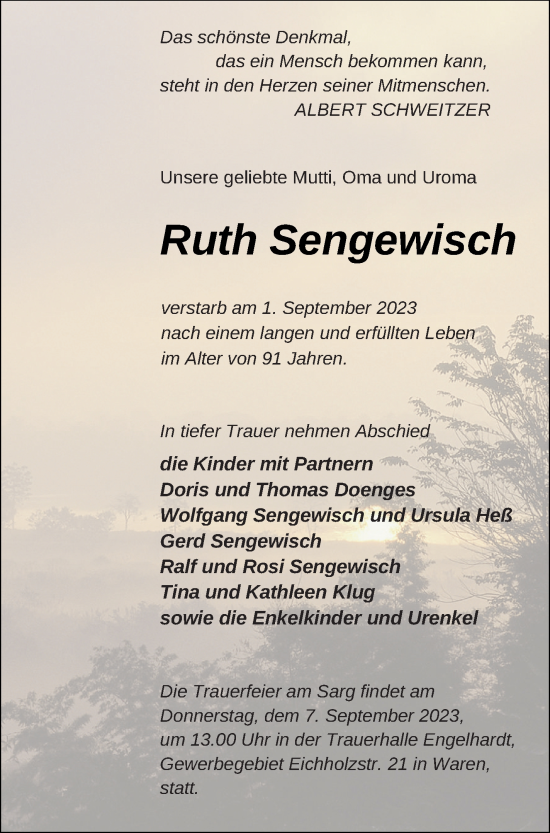 Traueranzeige von Ruth Sengewisch von Müritz-Zeitung