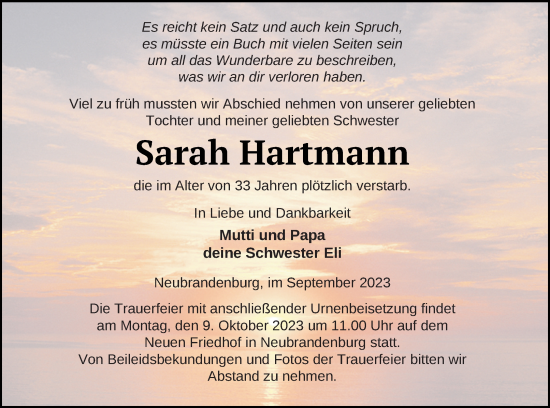 Traueranzeige von Sarah Hartmann von Neubrandenburger Zeitung
