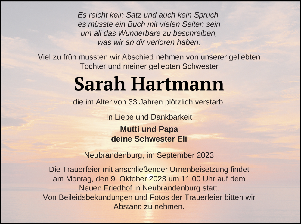  Traueranzeige für Sarah Hartmann vom 28.09.2023 aus Neubrandenburger Zeitung