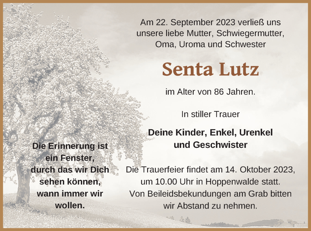  Traueranzeige für Senta Lutz vom 30.09.2023 aus Haff-Zeitung