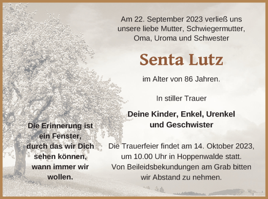 Traueranzeige von Senta Lutz von Haff-Zeitung