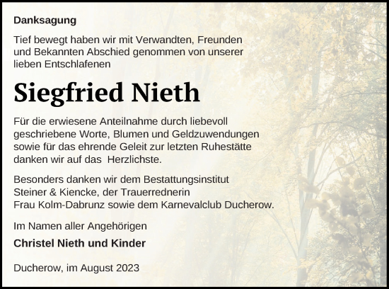 Traueranzeige von Siegfried Nieth von Vorpommern Kurier