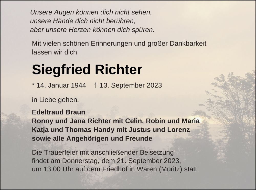  Traueranzeige für Siegfried Richter vom 16.09.2023 aus Müritz-Zeitung