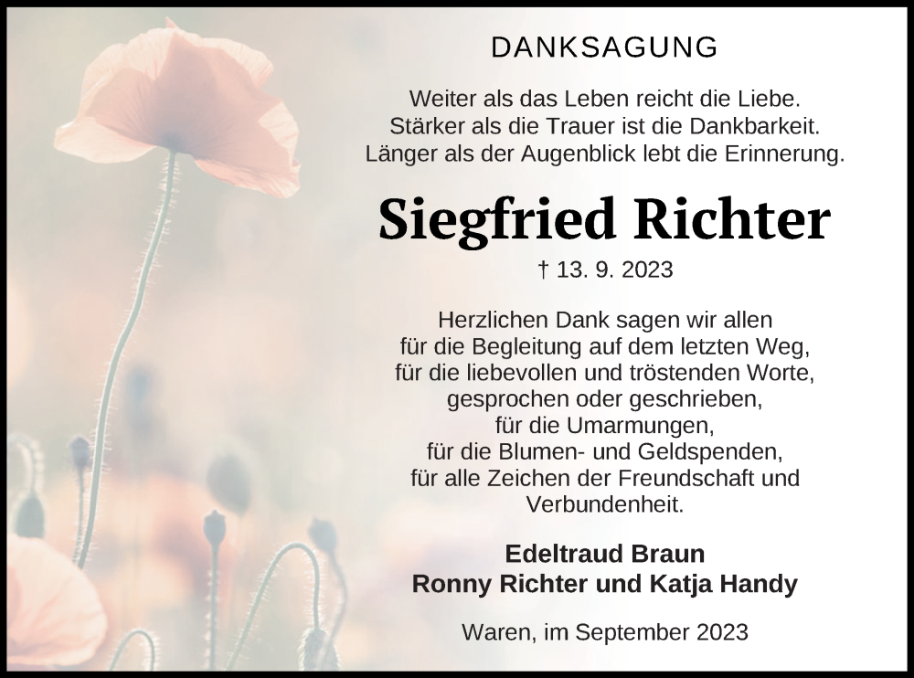  Traueranzeige für Siegfried Richter vom 30.09.2023 aus Müritz-Zeitung