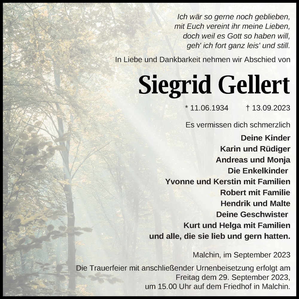  Traueranzeige für Siegrid Gellert vom 16.09.2023 aus Mecklenburger Schweiz