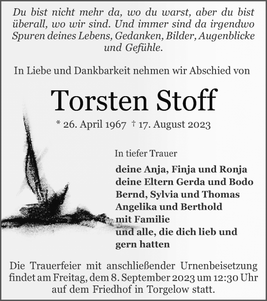 Traueranzeige von Torsten Stoff von Haff-Zeitung