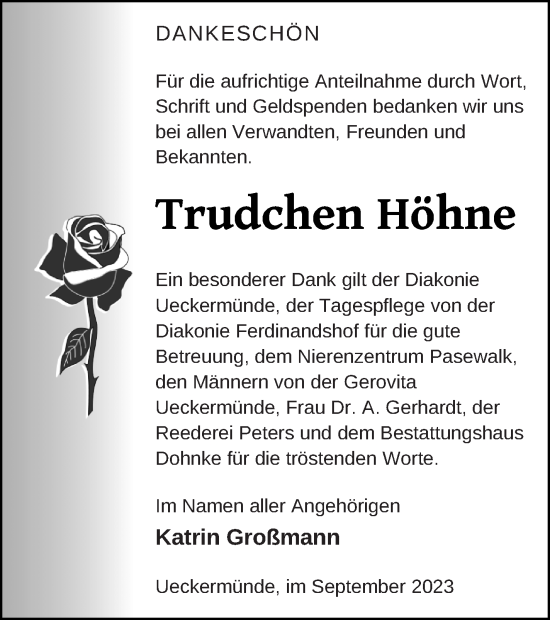 Traueranzeige von Trudchen Höhne von Haff-Zeitung
