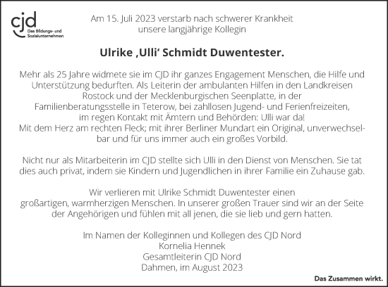 Traueranzeige von Ulrike Schmidt Duwentester von Mecklenburger Schweiz