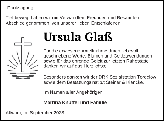 Traueranzeige von Ursula Glaß von Haff-Zeitung