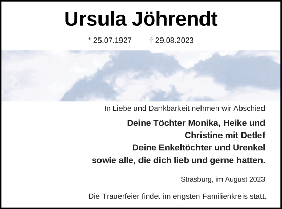 Traueranzeige von Ursula Jöhrendt von Pasewalker Zeitung