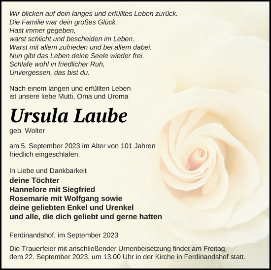 Traueranzeige von Ursula Laube von Haff-Zeitung