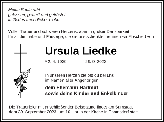 Traueranzeige von Ursula Liedke von Prenzlauer Zeitung