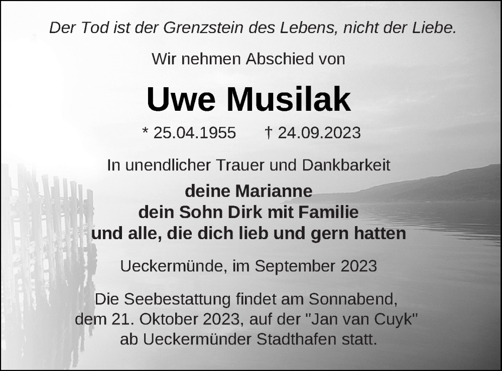  Traueranzeige für Uwe Musilak vom 30.09.2023 aus Haff-Zeitung