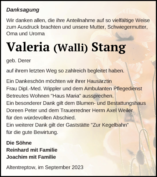 Traueranzeige von Valeria Stang von Neubrandenburger Zeitung