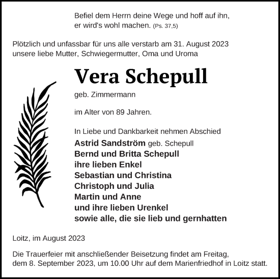 Traueranzeige von Vera Schepull von Vorpommern Kurier