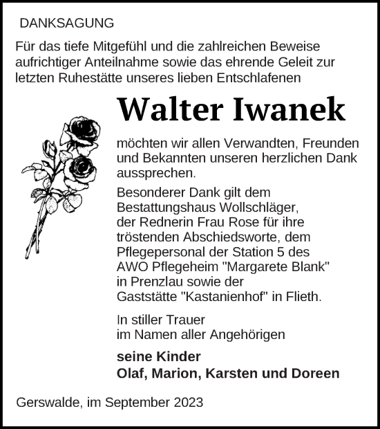 Traueranzeige von Walter Iwanek von Templiner Zeitung