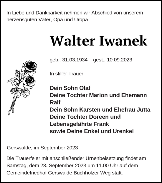 Traueranzeige von Walter Iwanek von Templiner Zeitung