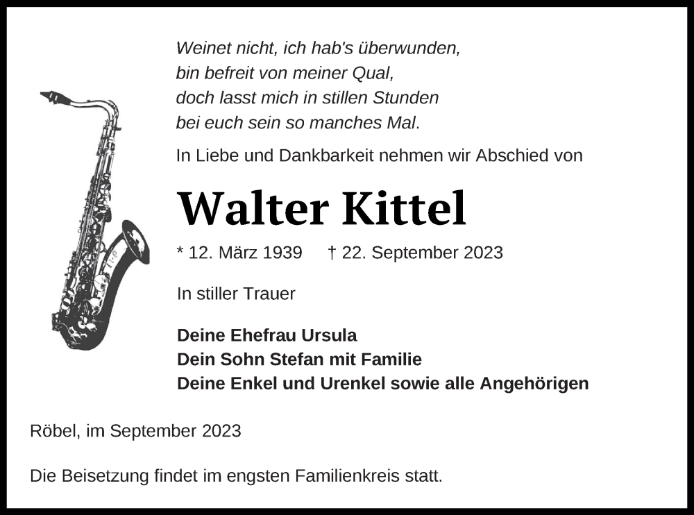  Traueranzeige für Walter Kittel vom 29.09.2023 aus Müritz-Zeitung