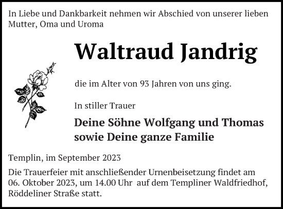 Traueranzeige von Waltraud Jandrig von Templiner Zeitung