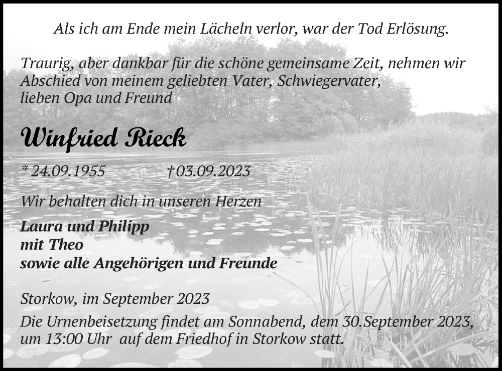  Traueranzeige für Winfried Rieck vom 27.09.2023 aus Pasewalker Zeitung