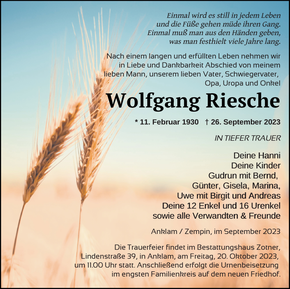  Traueranzeige für Wolfgang Riesche vom 30.09.2023 aus Vorpommern Kurier