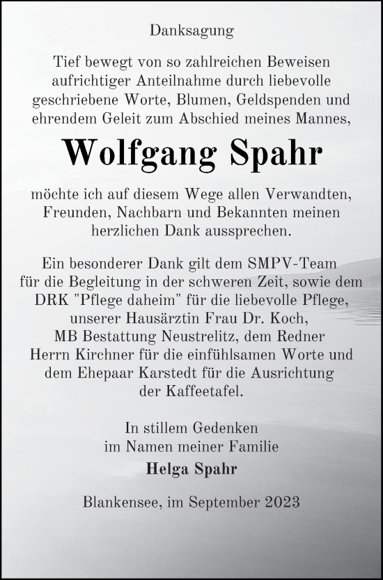 Traueranzeige von Wolfgang Spahr von Strelitzer Zeitung