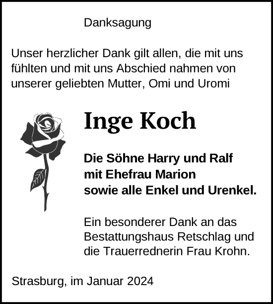 Traueranzeige von Inge Koch von Pasewalker Zeitung