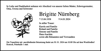 Traueranzeige von Brigitte Nürnberg von Norddeutsche Neueste Nachrichten