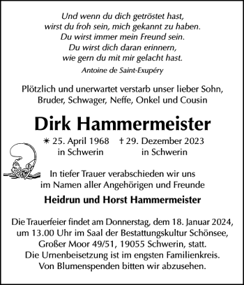 Traueranzeige von Dirk Hammermeister von Zeitung für die Landeshauptstadt