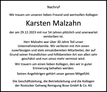 Traueranzeige von Karsten Malzahn von Norddeutsche Neueste Nachrichten