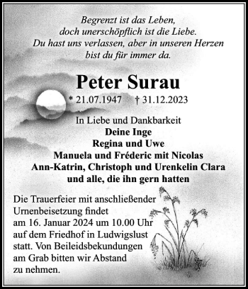 Traueranzeige von Peter Surau von Ludwigsluster Tageblatt