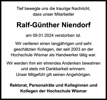 Traueranzeige von Ralf-Günther Niendorf von Zeitung für die Landeshauptstadt