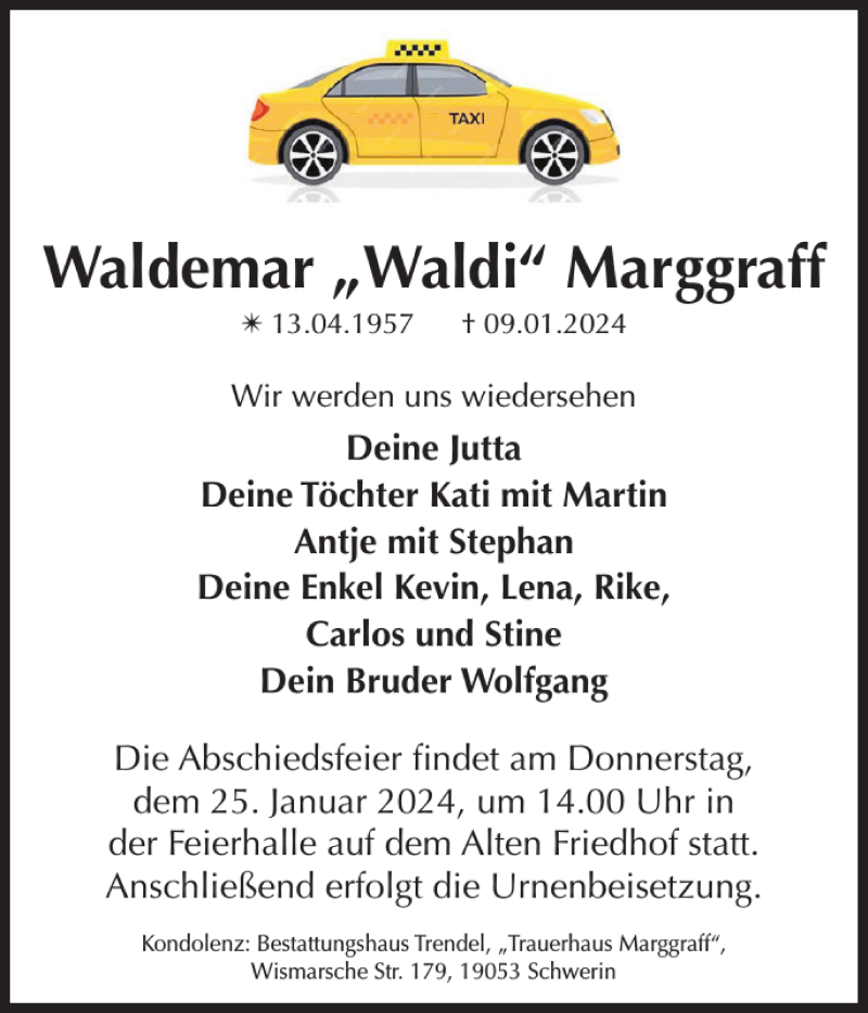  Traueranzeige für Waldemar Waldi Marggraff vom 20.01.2024 aus Zeitung für die Landeshauptstadt