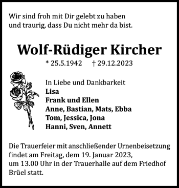 Traueranzeige von Wolf-Rüdiger Kircher von Anzeiger für Sternberg - Brüel - Warin