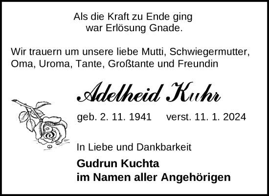Traueranzeige von Adelheid Kuhr von Vorpommern Kurier