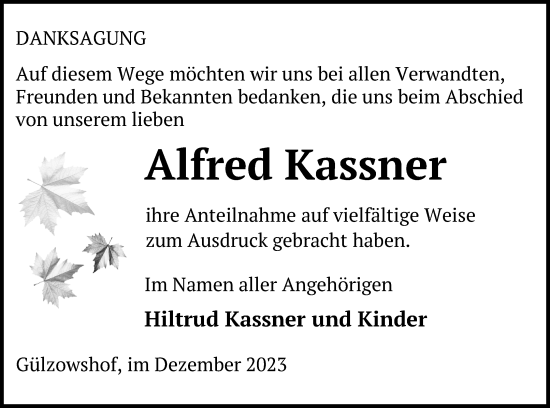 Traueranzeige von Alfred Kassner von Mecklenburger Schweiz