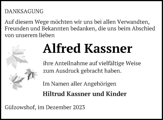 Traueranzeige von Alfred Kassner von Vorpommern Kurier