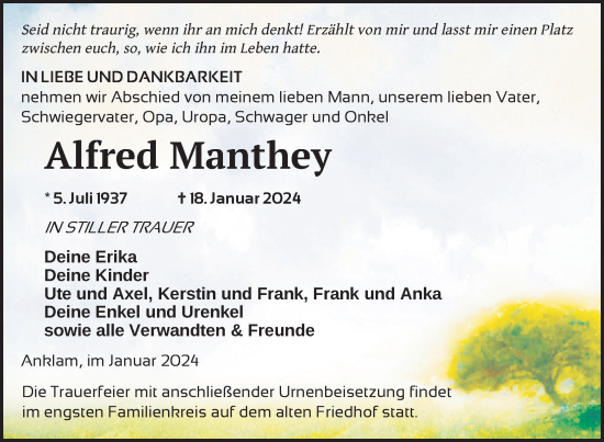 Traueranzeige von Alfred Manthey von Nordkurier Vorpommern Kurier