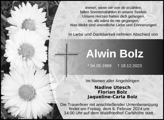 Traueranzeige von Alwin Bolz von Nordkurier Neubrandenburger Zeitung