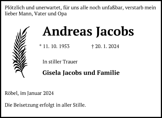 Traueranzeige von Andreas Jacobs von Nordkurier Müritz-Zeitung